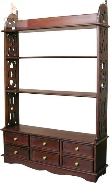 6 Drawer Large Mahogany Wall Mounted Bookcase 3 Fixed Shelves - CasaFenix