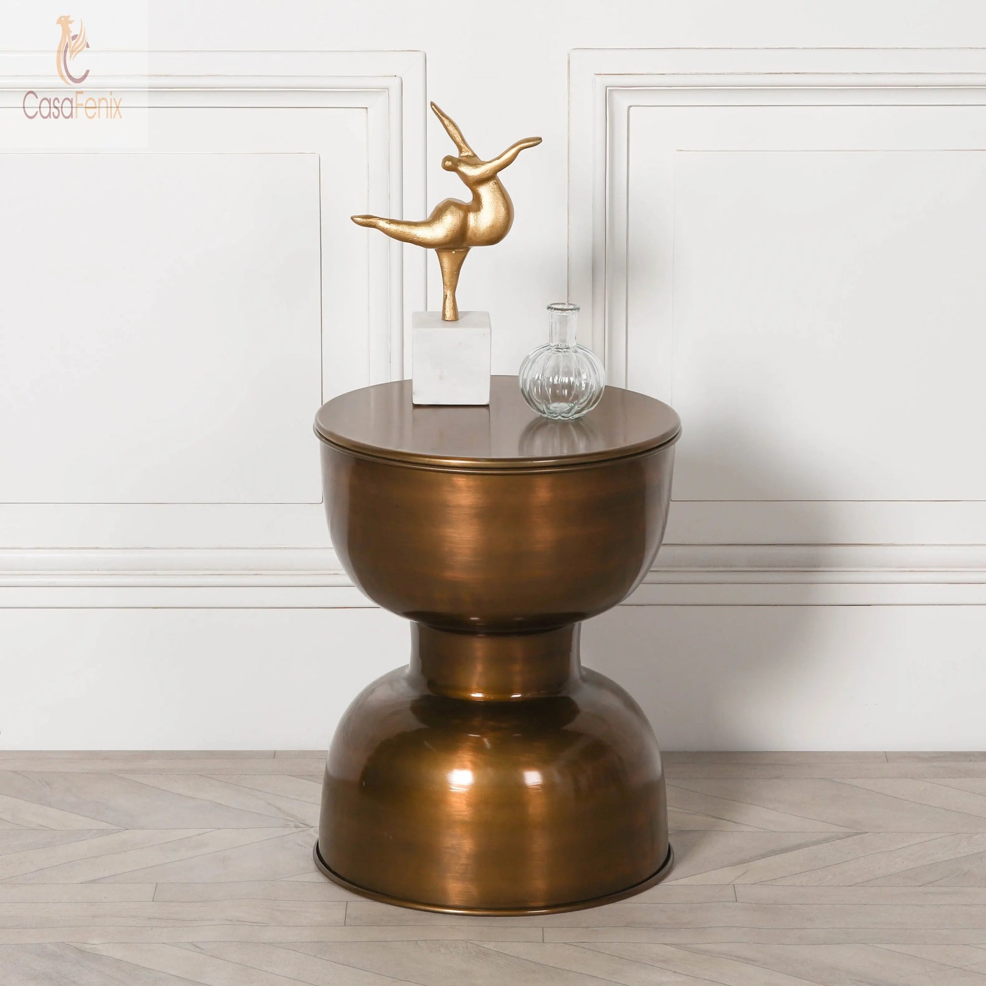 Antique Brass Plated Aluminium Style Hour Glass Style Side Table - CasaFenix
