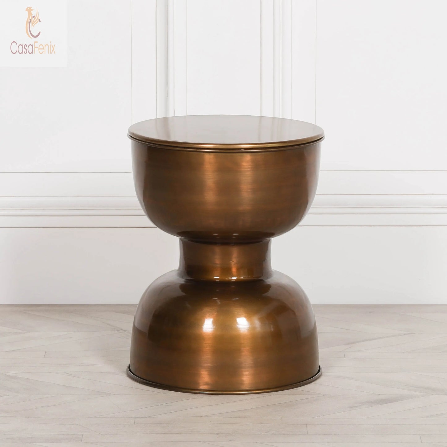 Antique Brass Plated Aluminium Style Hour Glass Style Side Table - CasaFenix