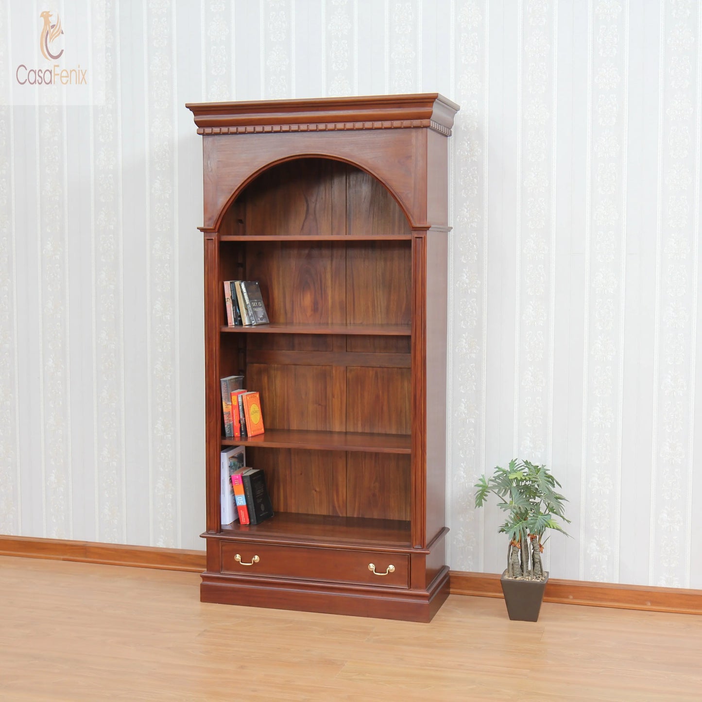 Arch Top Tall Bookcase 3 Adjustable Shelves Solid Mahogany Premium range CasaFenix