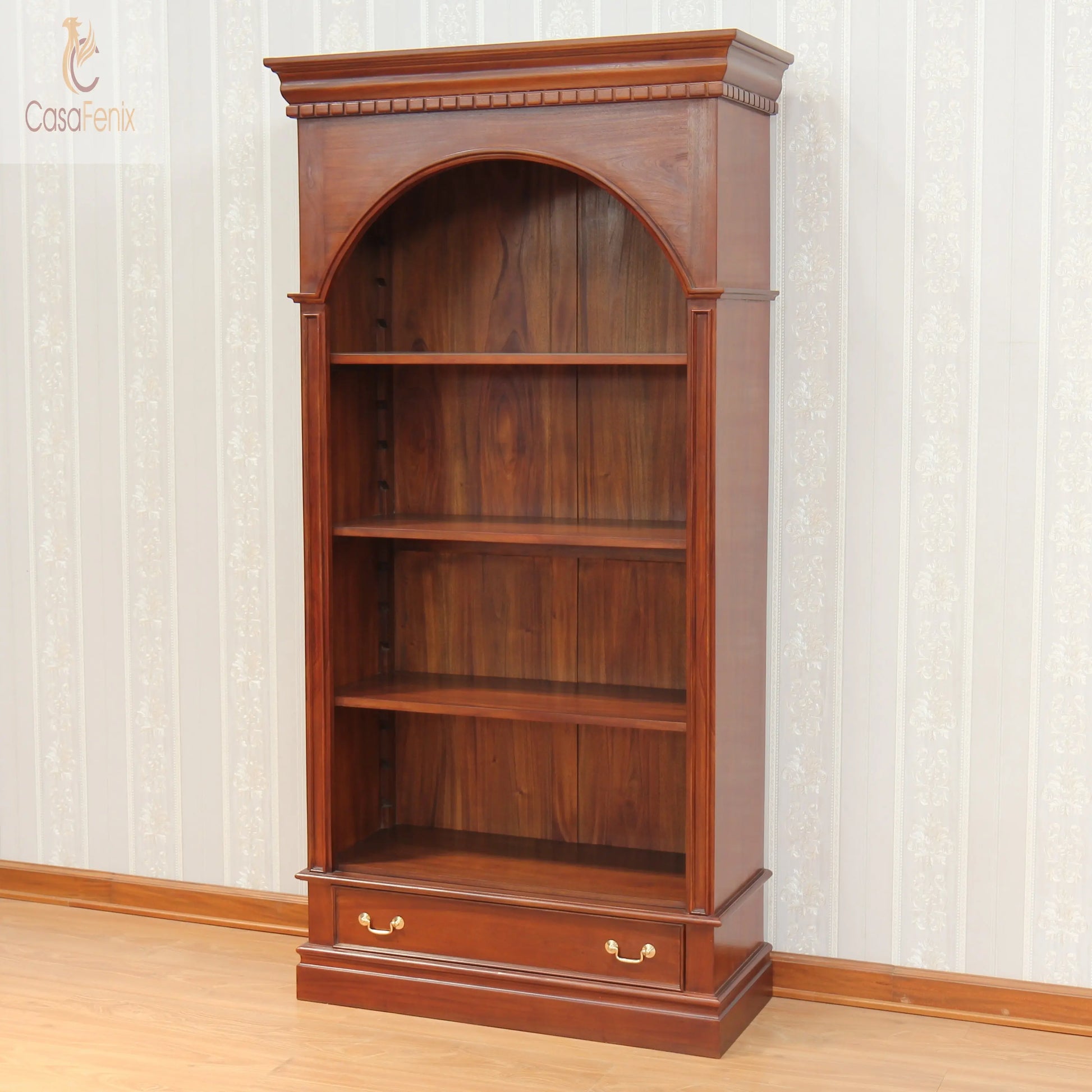 Arch Top Tall Bookcase 3 Adjustable Shelves Solid Mahogany Premium range CasaFenix