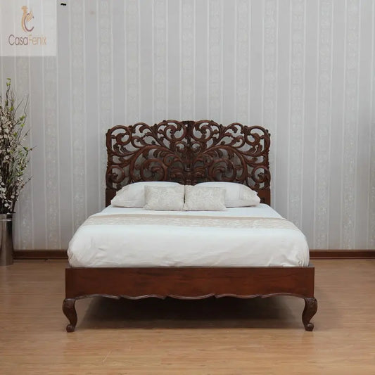 Art Nouveau Style Heavily Carved Mahogany Rococo Bed Low Foot Board Premium Range - CasaFenix