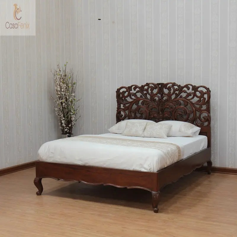 Art Nouveau Style Heavily Carved Mahogany Rococo Bed Low Foot Board Premium Range - CasaFenix