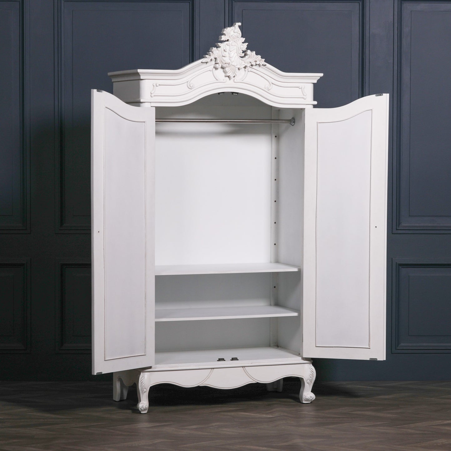 French Style White Carved Double Full Mirrored Armoire CasaFenix