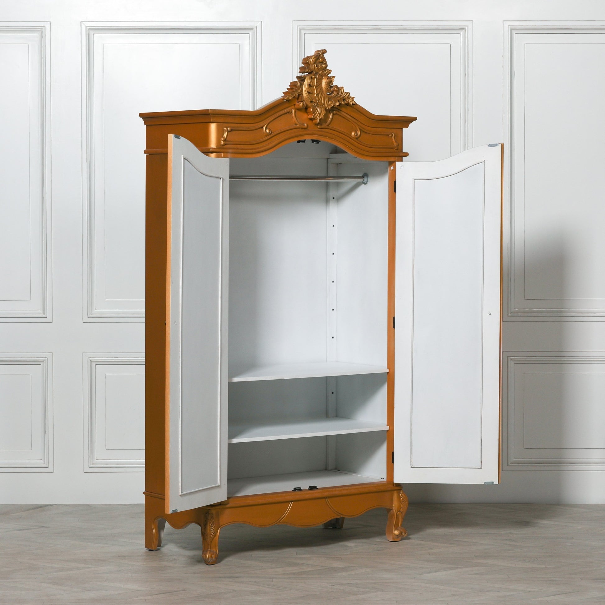 French Style Gold Carved Double Full Mirrored Armoire CasaFenix