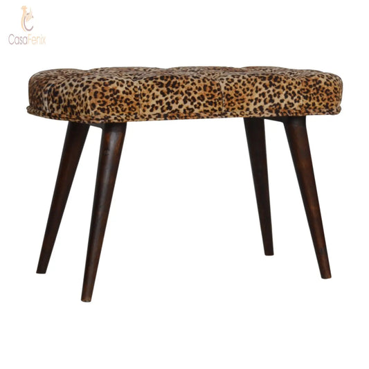 Leopard Print Deep Button Wide Stool / Bench 100% solid mango wood in a walnut finish - CasaFenix