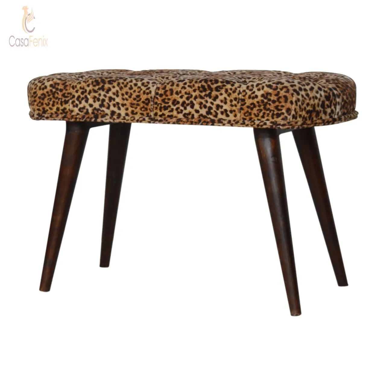 Leopard Print Deep Button Wide Stool / Bench 100% solid mango wood in a walnut finish - CasaFenix