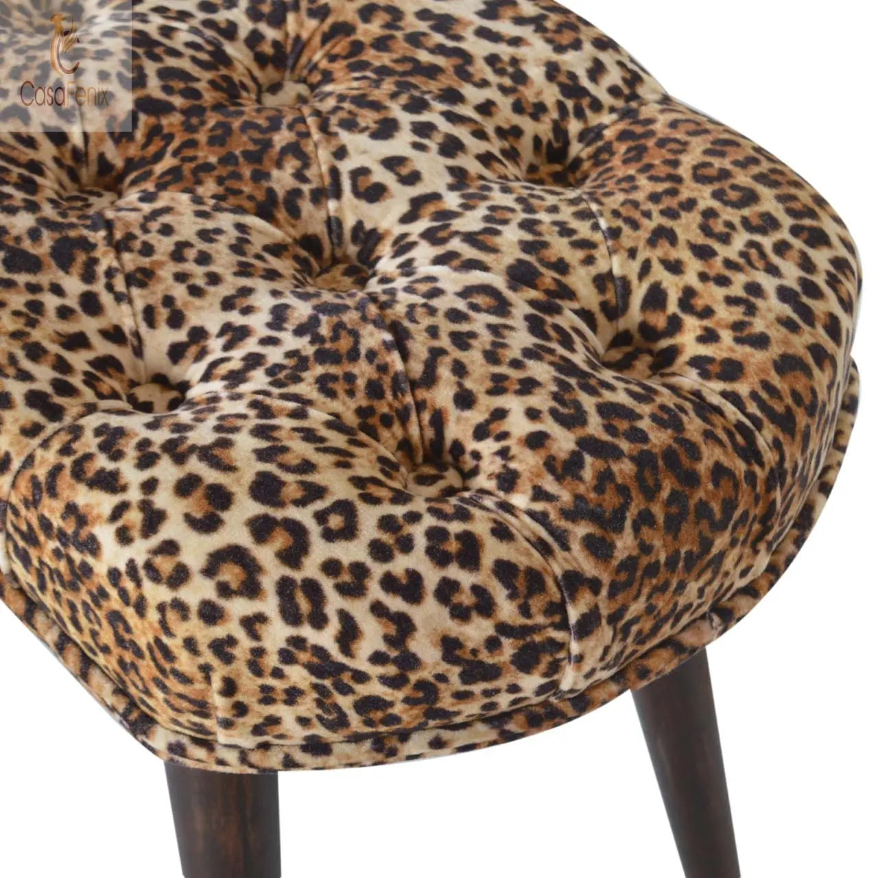 Leopard Print Deep Button Wide Stool / Bench 100% solid mango wood in a walnut finish - CasaFenix