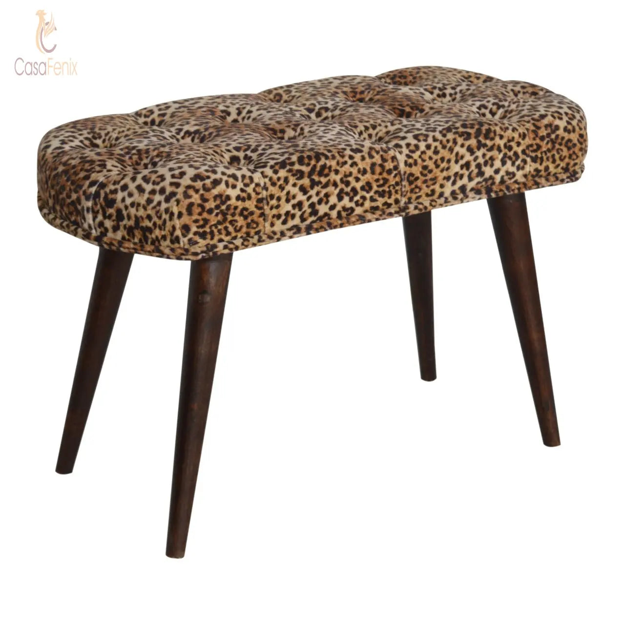 Leopard Print Deep Button Wide Stool / Bench 100% solid mango wood in a walnut finish - CasaFenix