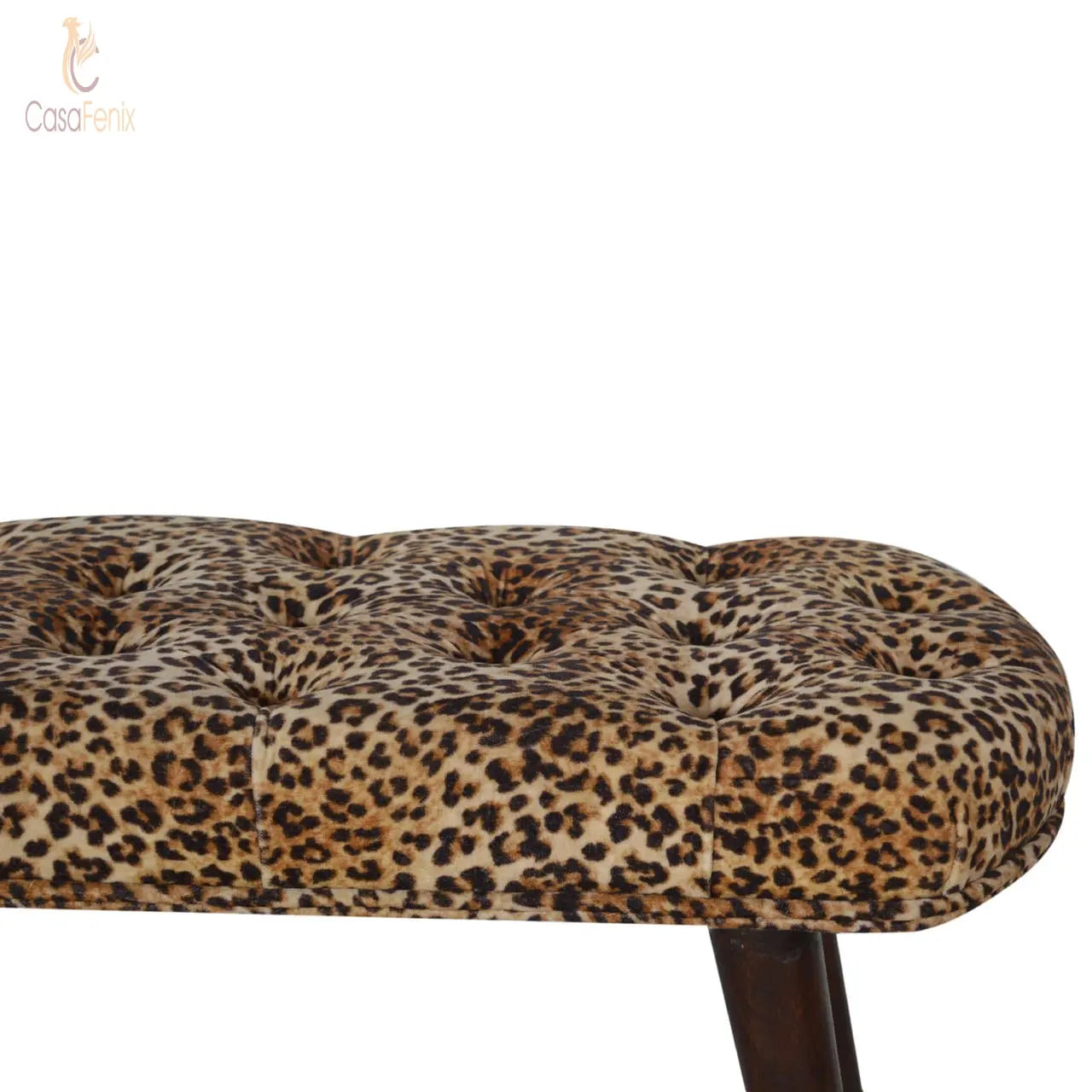 Leopard Print Deep Button Wide Stool / Bench 100% solid mango wood in a walnut finish - CasaFenix