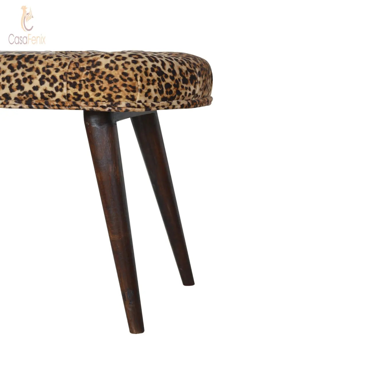 Leopard Print Deep Button Wide Stool / Bench 100% solid mango wood in a walnut finish - CasaFenix