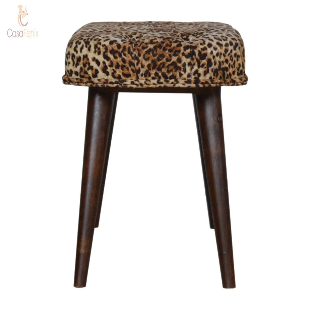 Leopard Print Deep Button Wide Stool / Bench 100% solid mango wood in a walnut finish - CasaFenix