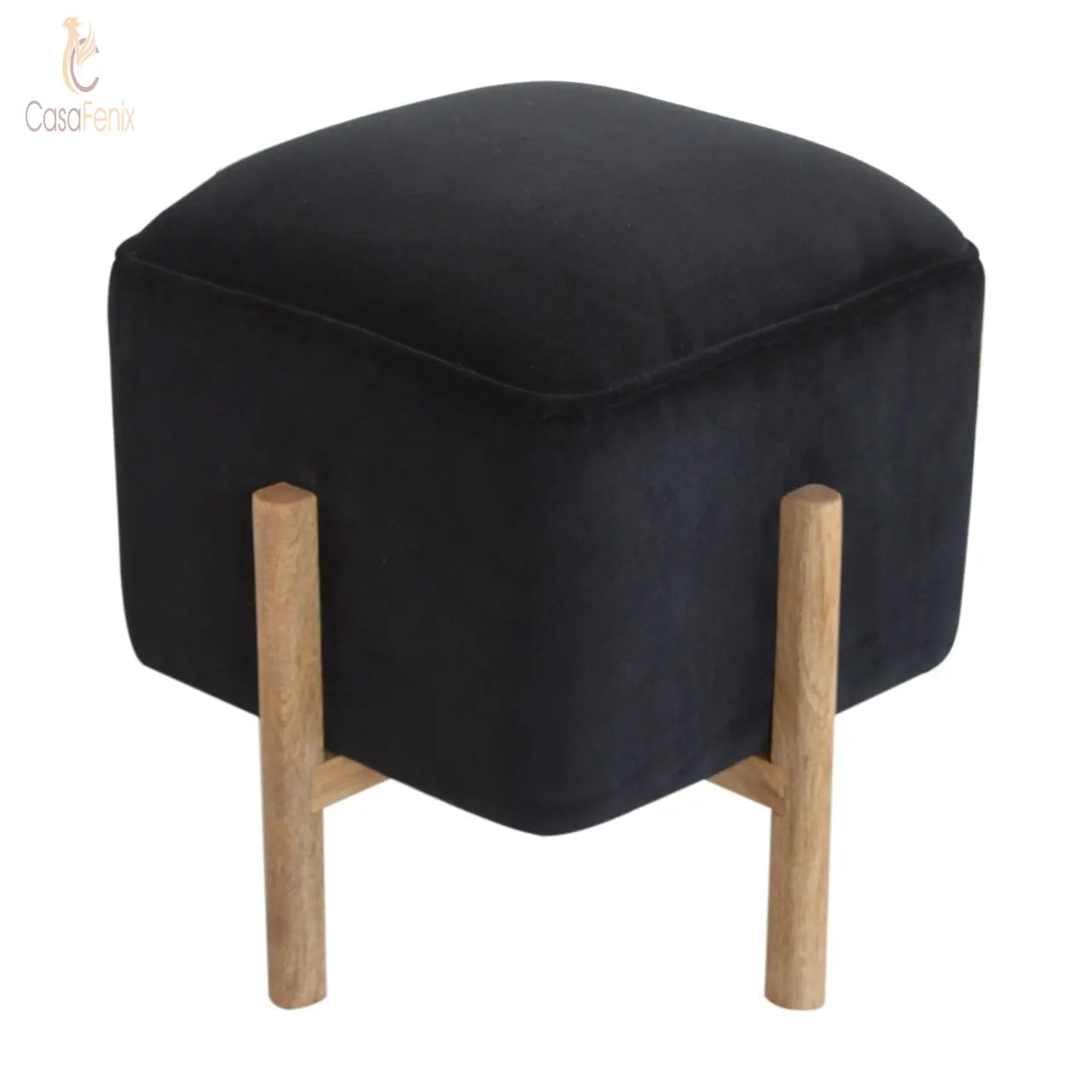 Black Velvet Footstool with Solid Wood Legs - CasaFenix