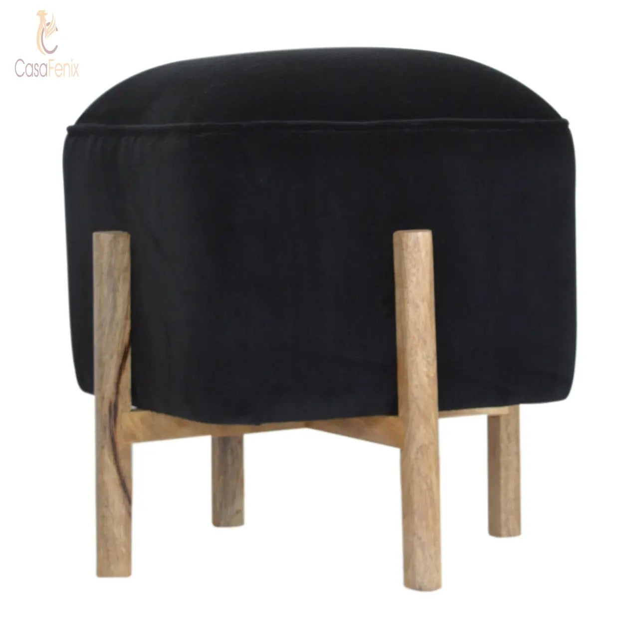 Black Velvet Footstool with Solid Wood Legs - CasaFenix