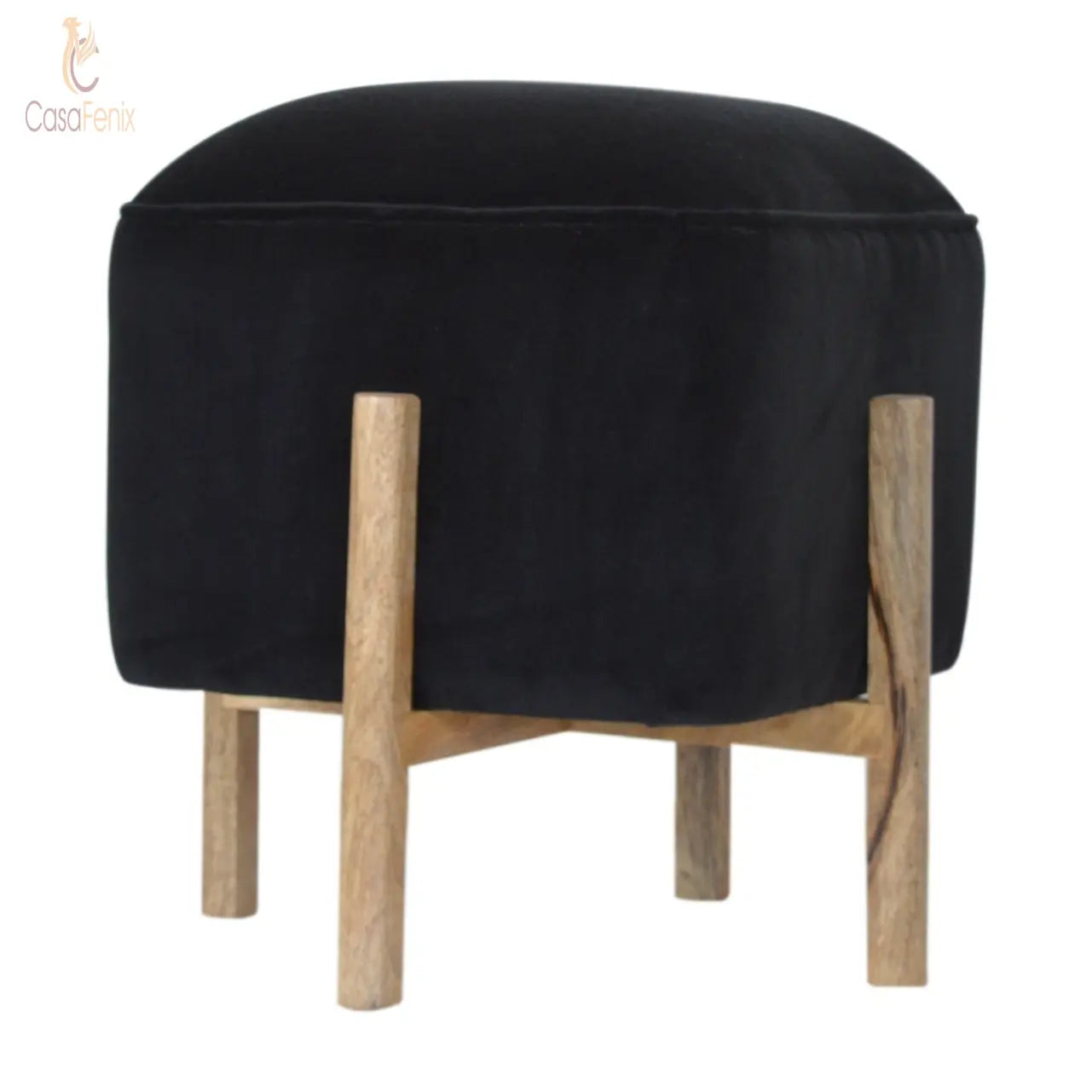 Black Velvet Footstool with Solid Wood Legs - CasaFenix