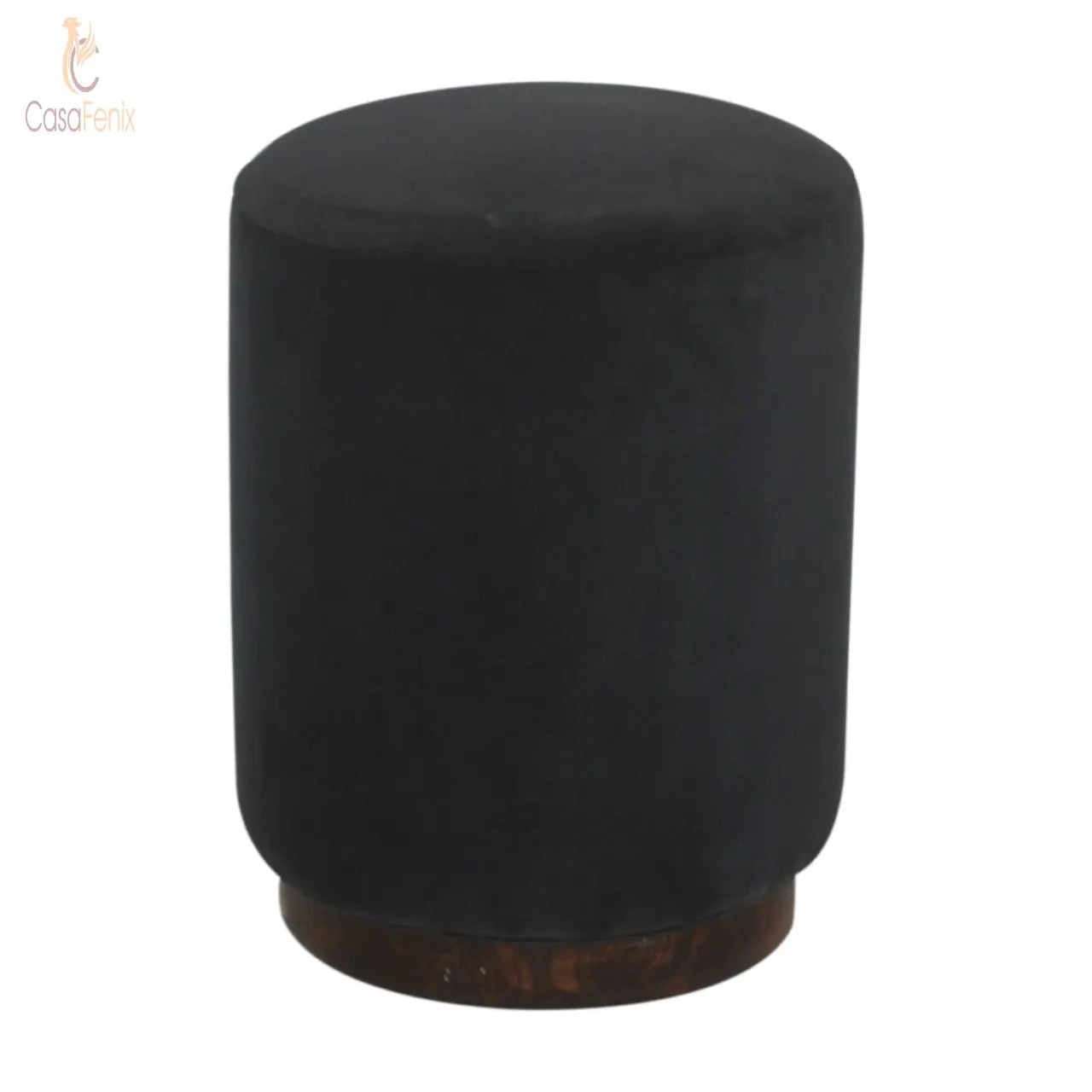 Black Velvet Upholstered Footstool with Wooden Base - CasaFenix
