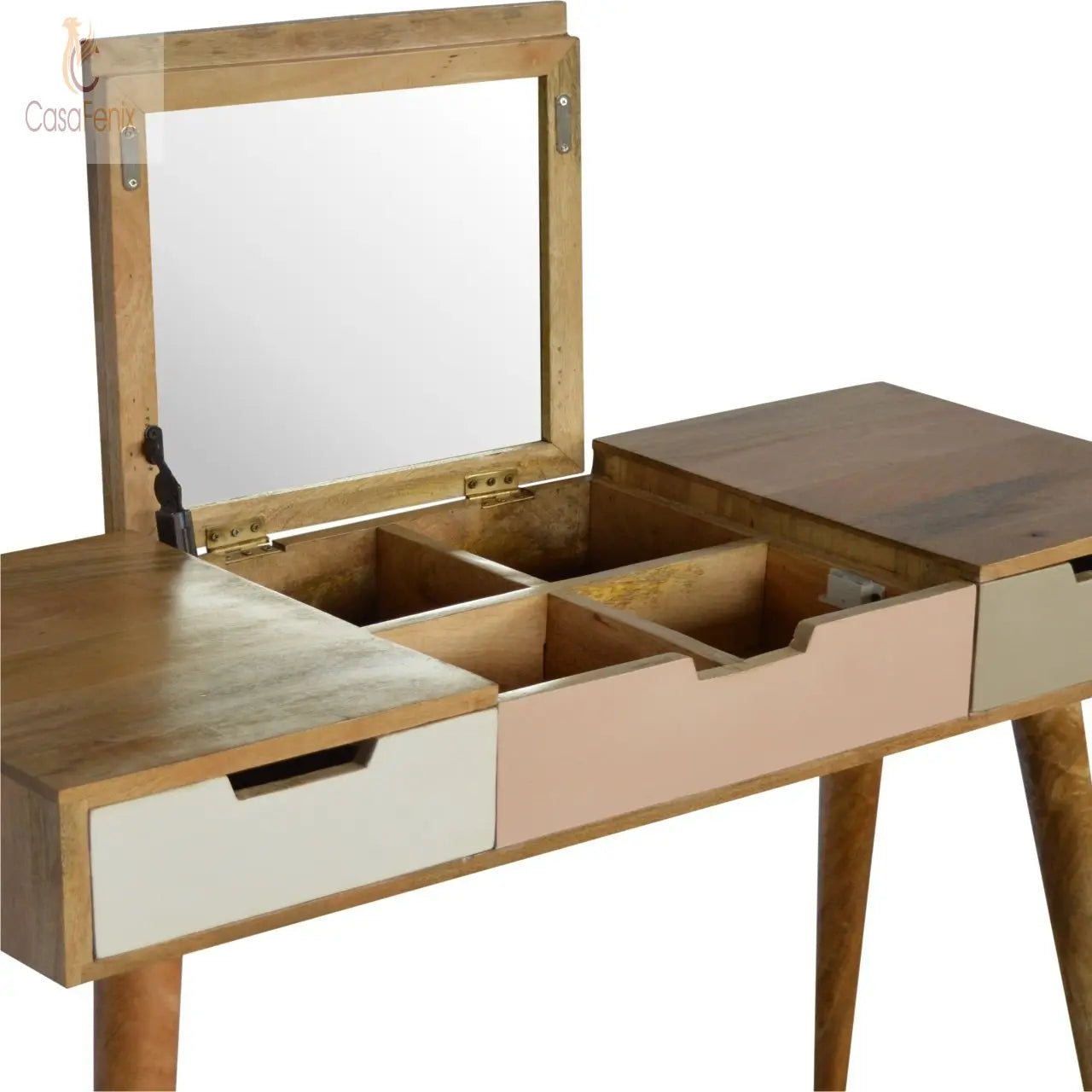 Blush Pink Dressing Table with Foldable Mirror Oak-Ish Solid Wood - CasaFenix