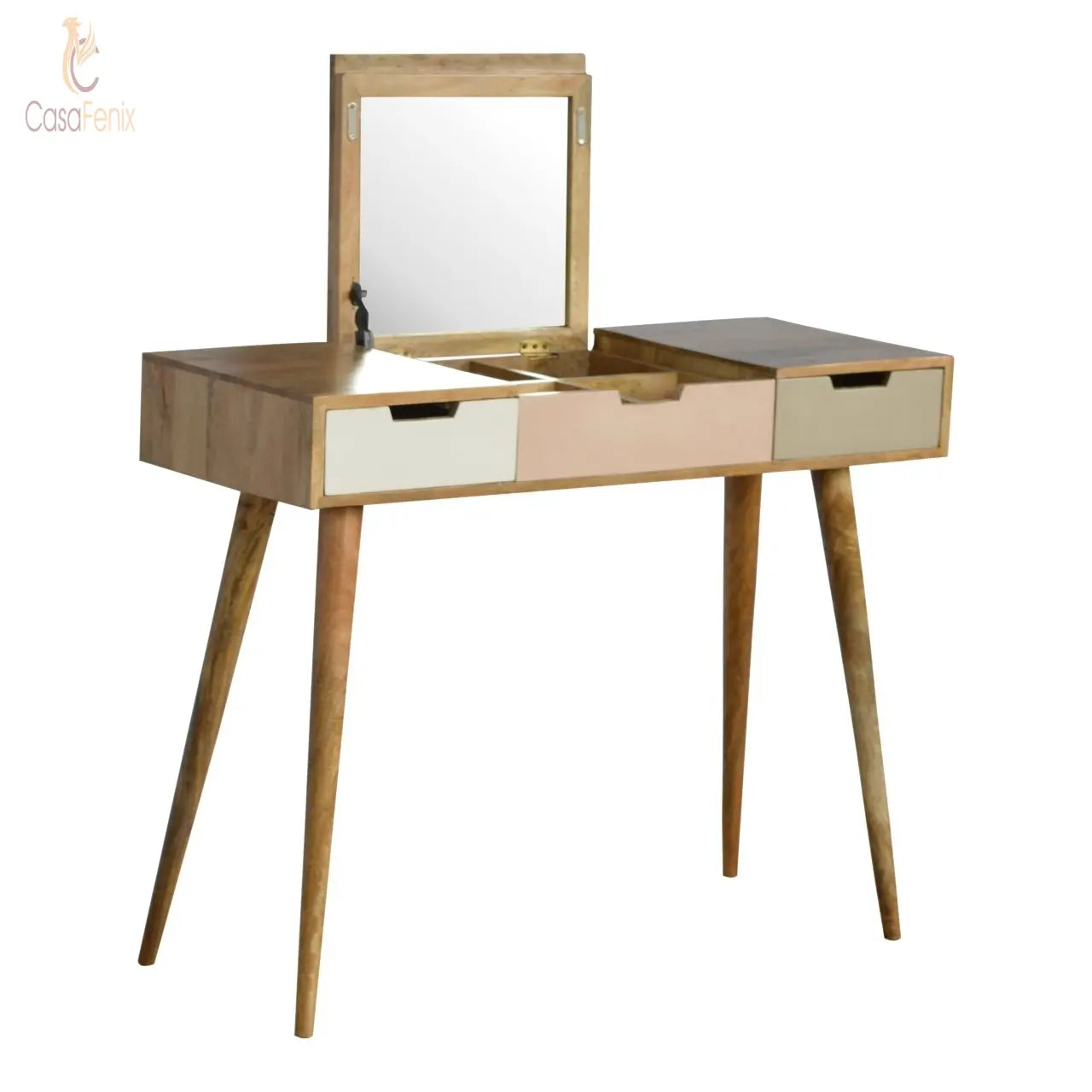 Blush Pink Dressing Table with Foldable Mirror Oak-Ish Solid Wood - CasaFenix