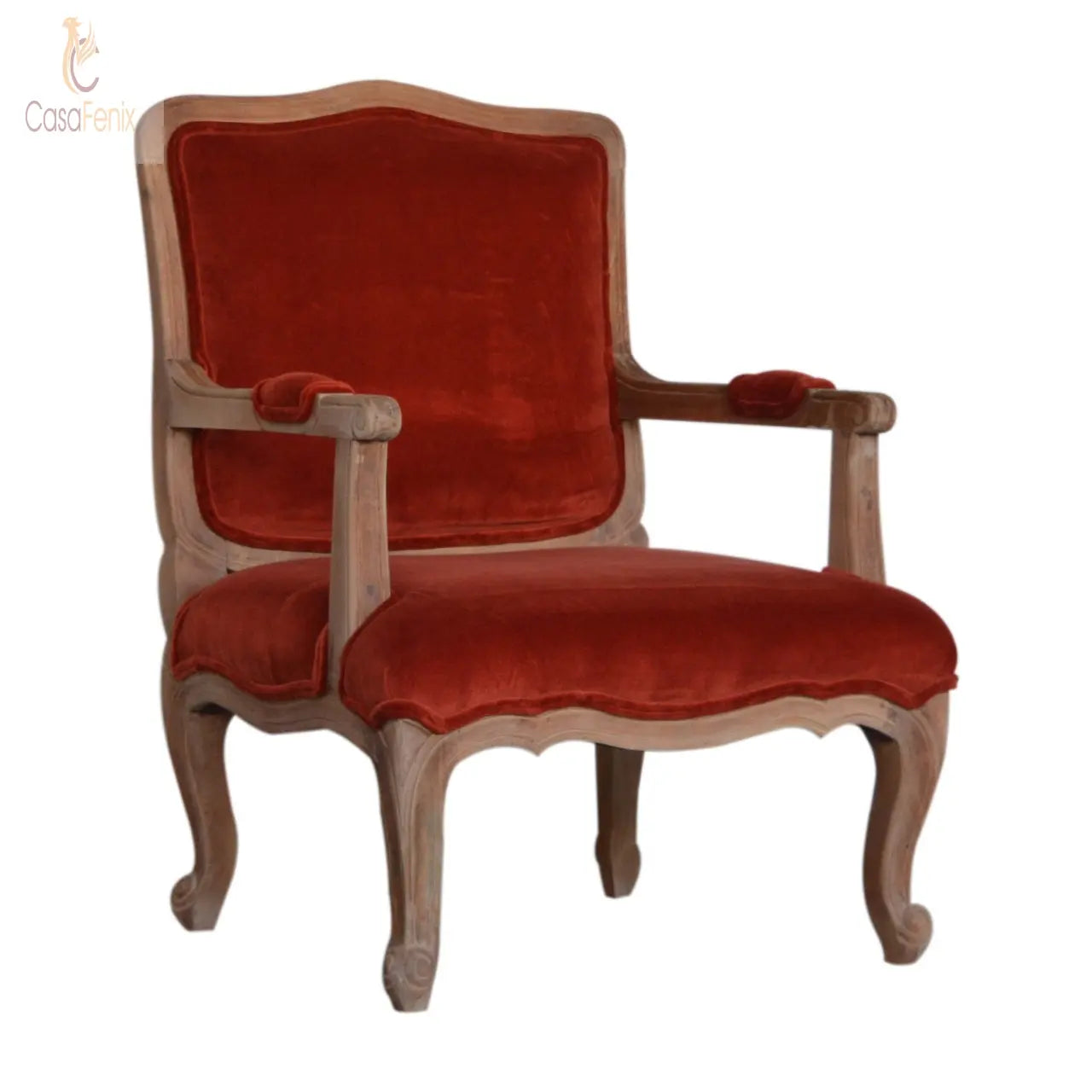 Brick Red Velvet French Style Bedroom Armchair Chair - CasaFenix