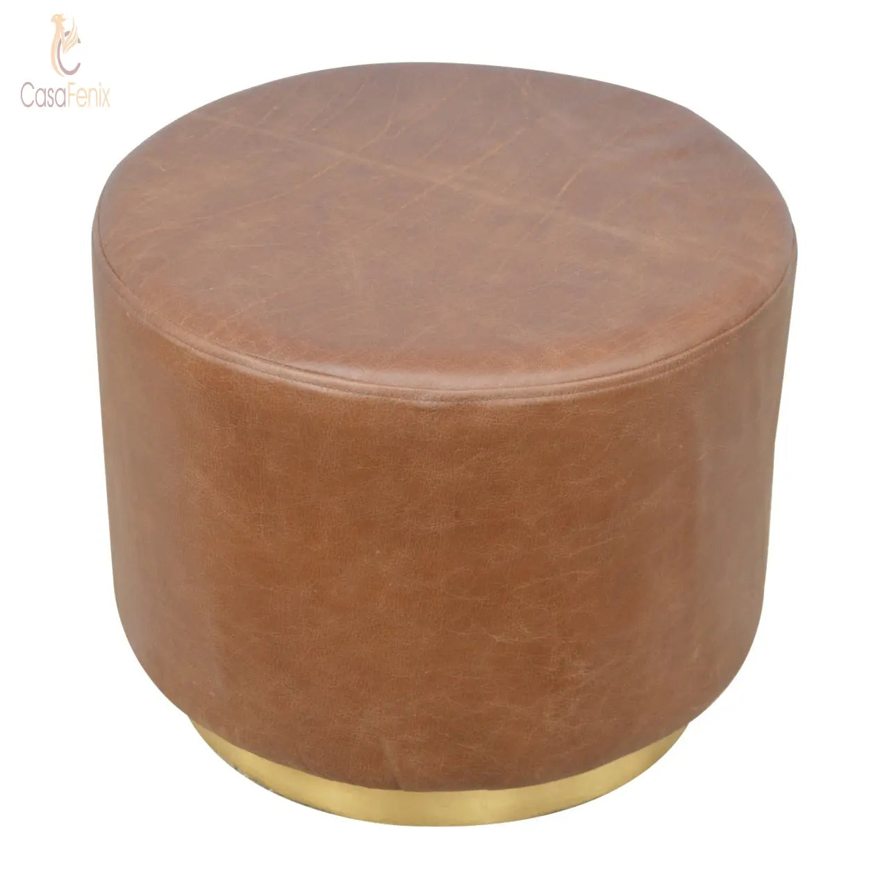 Brown Buffalo Leather Footstool with Gold Base - CasaFenix