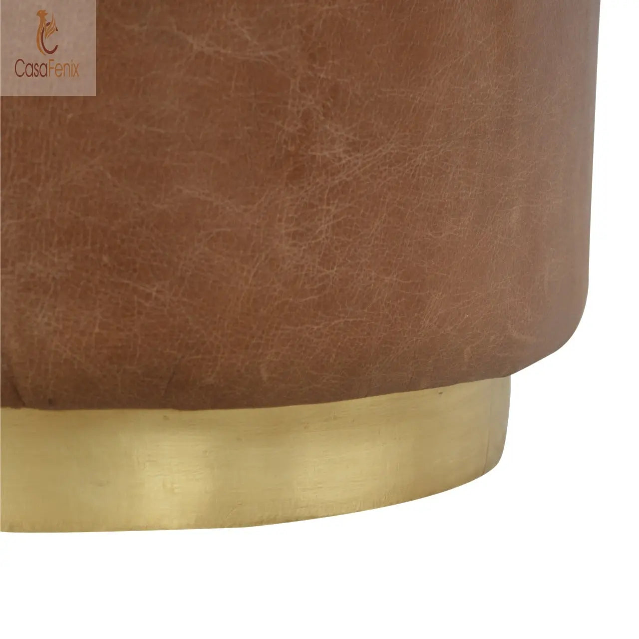 Brown Buffalo Leather Footstool with Gold Base - CasaFenix