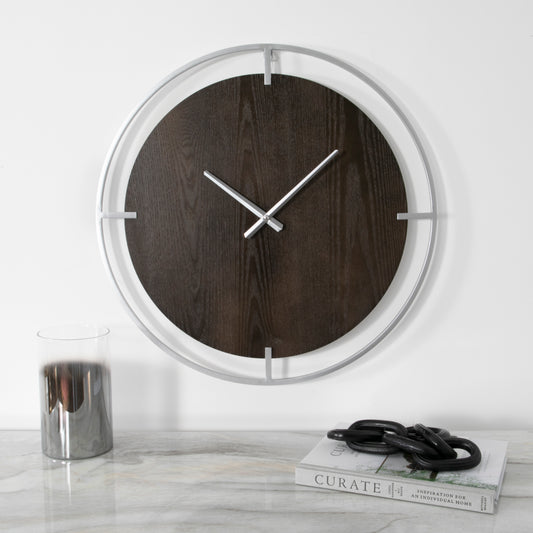 Minimalist Wood Grain and Silver Wall Clock 60cm Diameter  CasaFenix