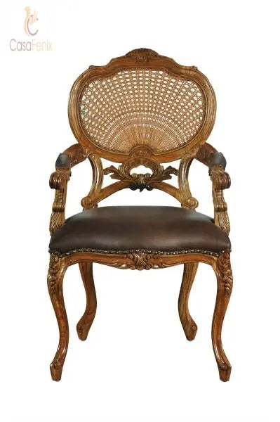 Carved French Rattan & Leather Arm Chair Carver Antique Reproduction Solid Mahogany CasaFenix