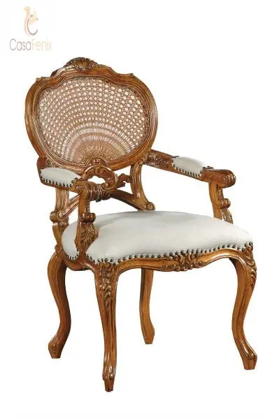 Carved French Rattan & Leather Arm Chair Carver Antique Reproduction Solid Mahogany CasaFenix