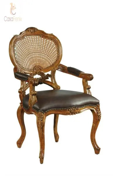 Carved French Rattan & Leather Arm Chair Carver Antique Reproduction Solid Mahogany CasaFenix