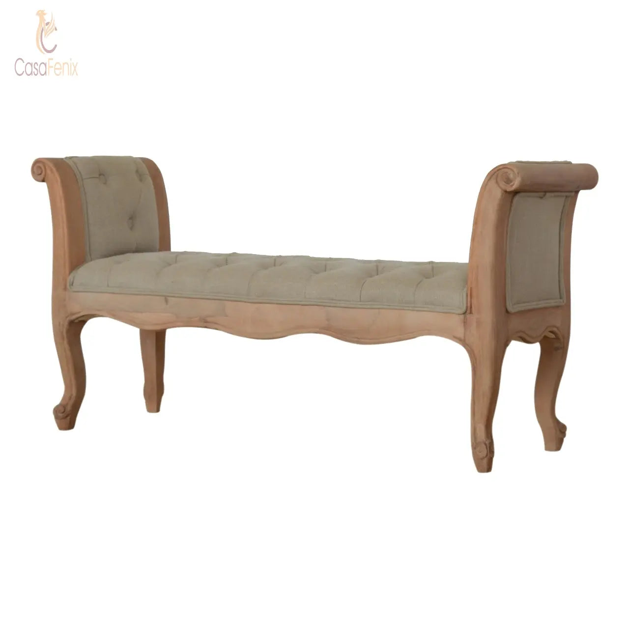 Carved French Style Upholstered Bench Long Stool 100% solid mango wood - CasaFenix