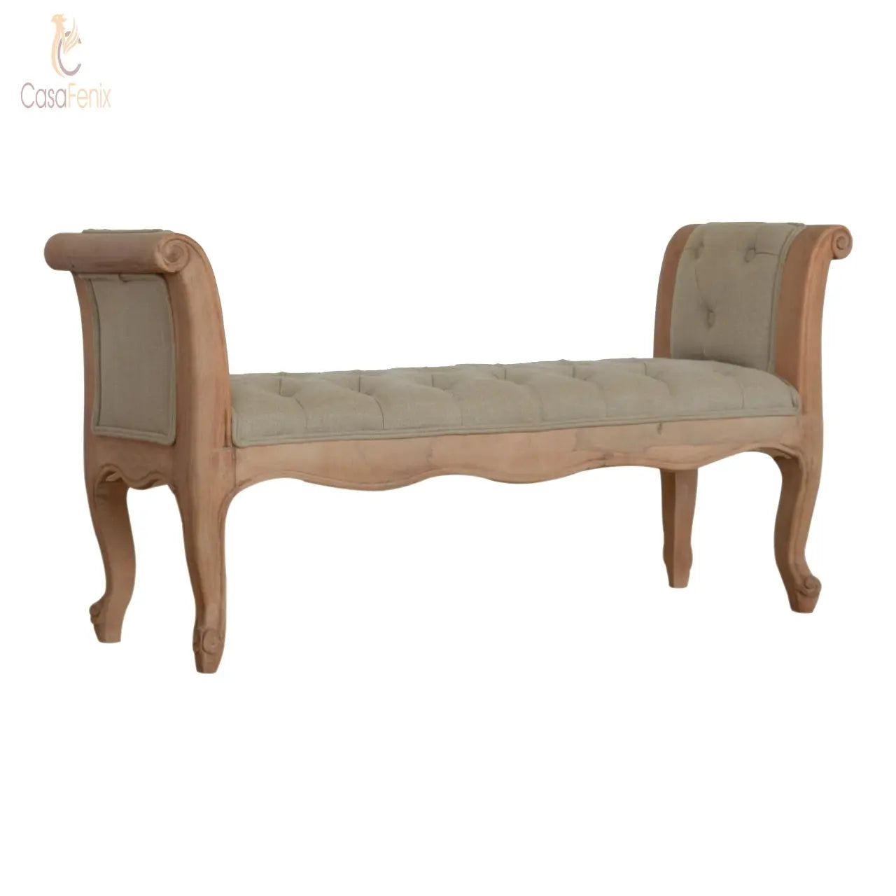 Carved French Style Upholstered Bench Long Stool 100% solid mango wood - CasaFenix