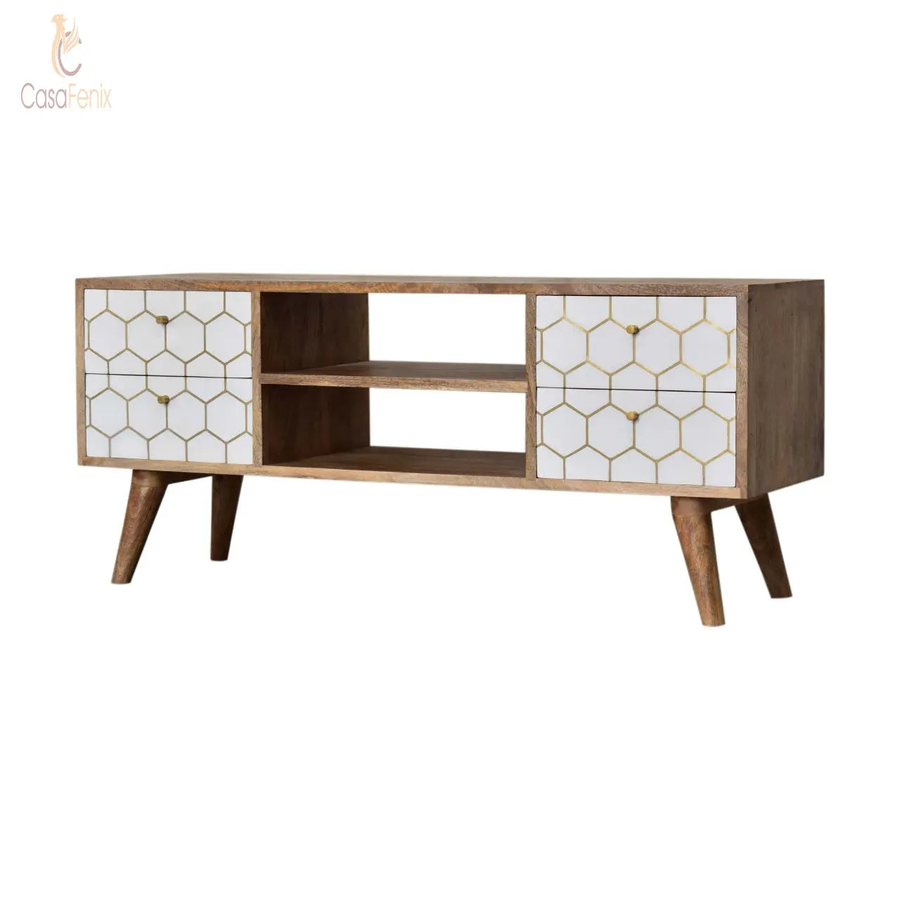 Cassia Media TV Unit Solid Mango Wood 4 Drawer Stand Nordic Style - CasaFenix