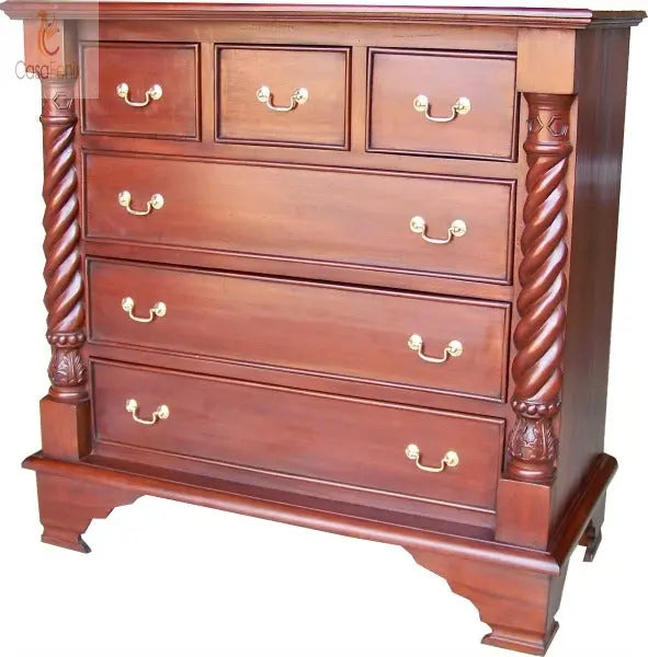 Chest of 6 Drawers Solid Mahogany Barley Twist Columns Bedroom Storage CasaFenix