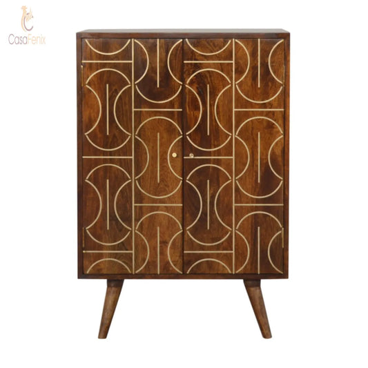 Chestnut Gold Inlay Abstract Cabinet 100% solid mango wood in a fine chestnut finish - CasaFenix