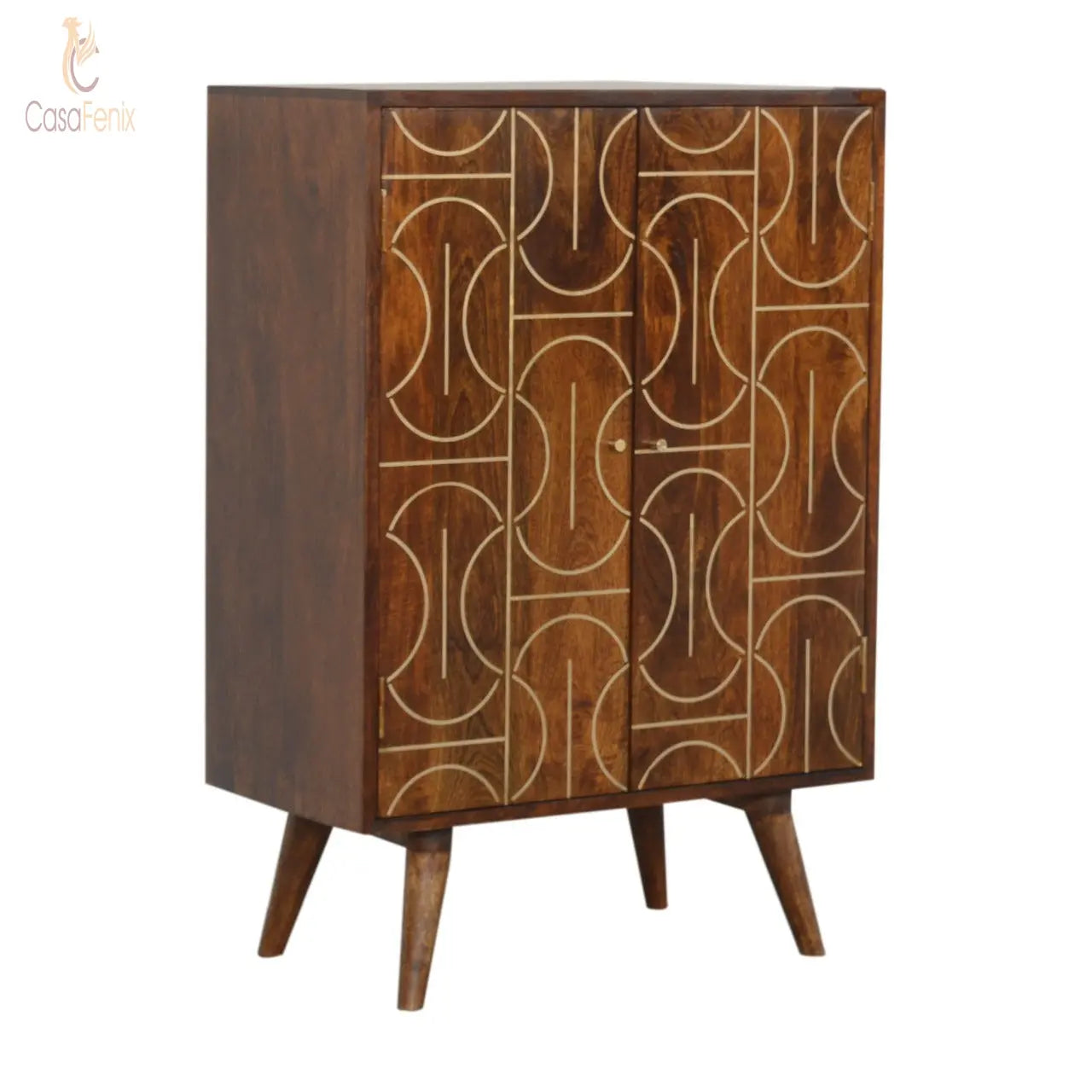Chestnut Gold Inlay Abstract Cabinet 100% solid mango wood in a fine chestnut finish - CasaFenix