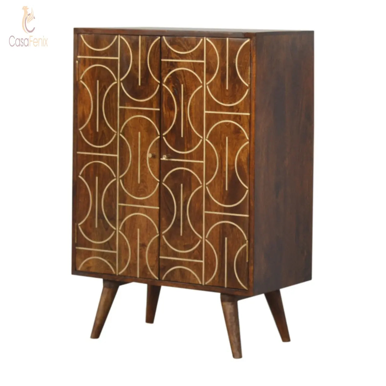 Chestnut Gold Inlay Abstract Cabinet 100% solid mango wood in a fine chestnut finish - CasaFenix