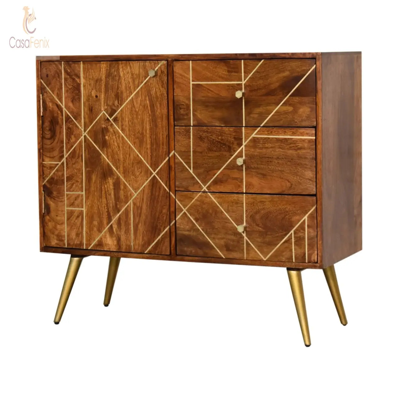 Chestnut Gold Inlay Abstract Sideboard Solid Mango Wood - CasaFenix