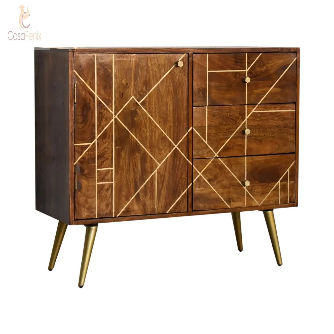 Chestnut Gold Inlay Abstract Sideboard Solid Mango Wood - CasaFenix