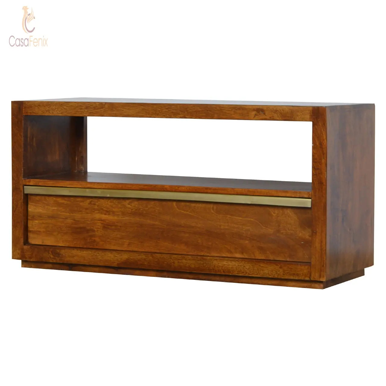 Chestnut Media Unit with Gold Bar TV Stand Solid Mango Wood - CasaFenix