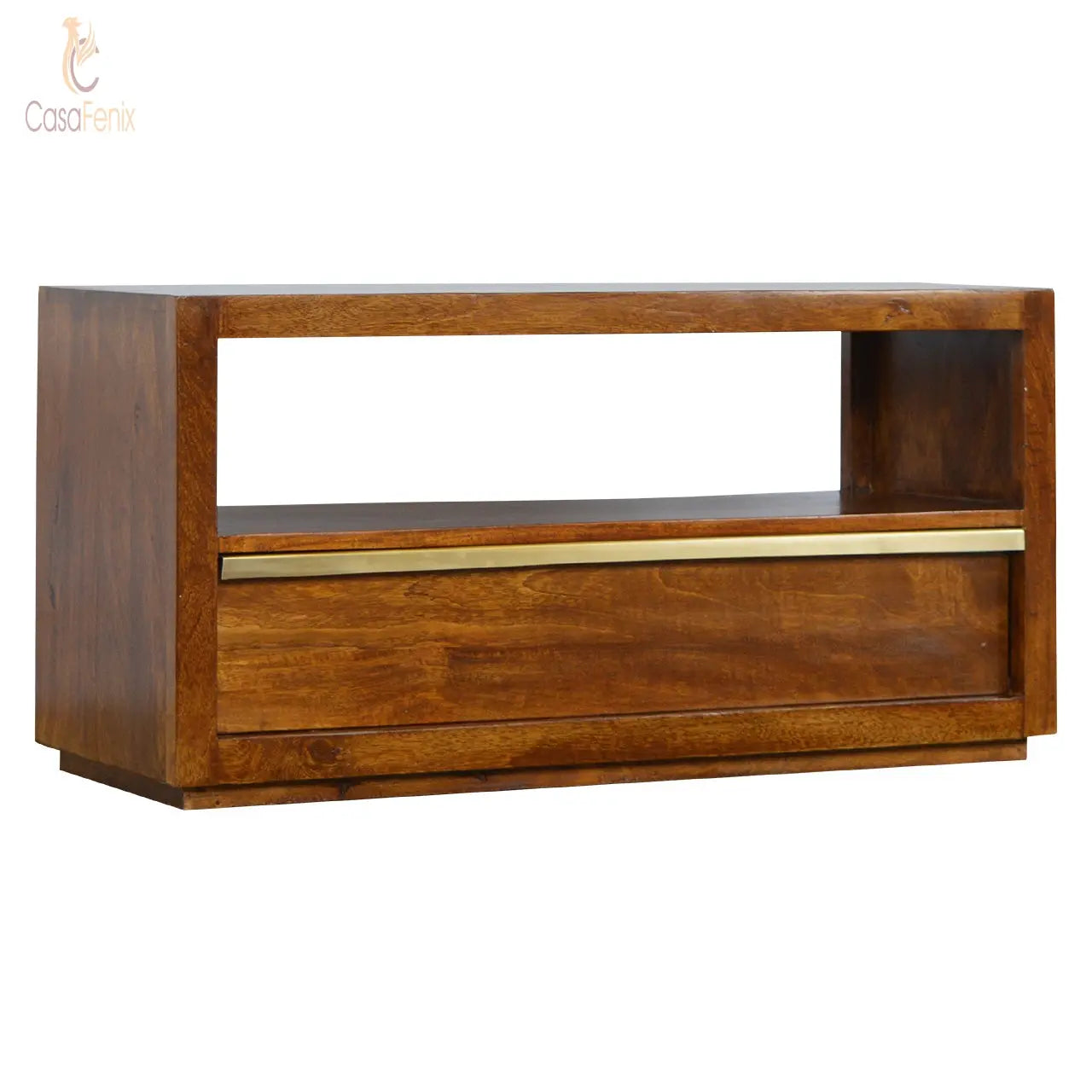 Chestnut Media Unit with Gold Bar TV Stand Solid Mango Wood - CasaFenix