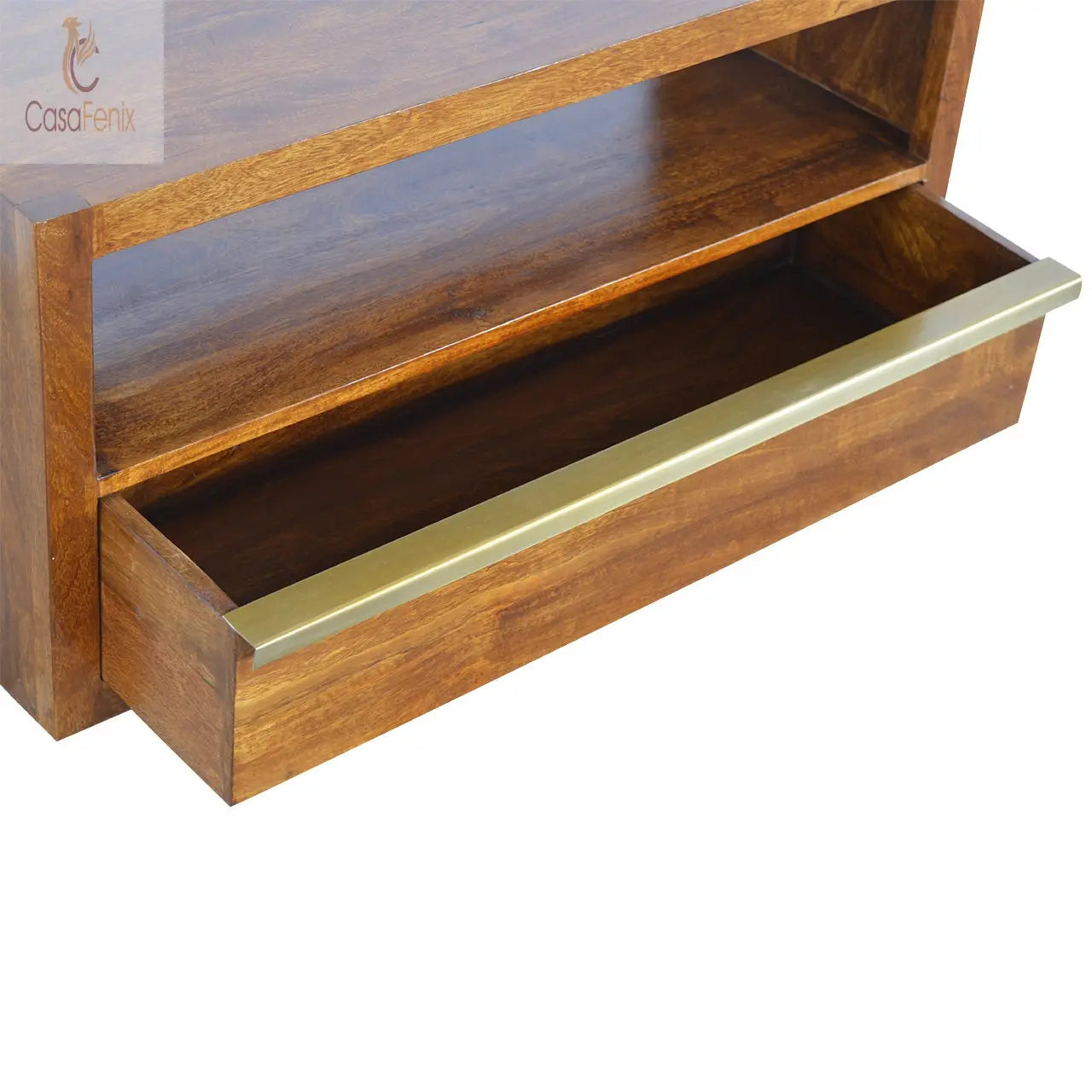 Chestnut Media Unit with Gold Bar TV Stand Solid Mango Wood - CasaFenix