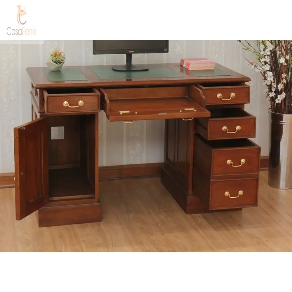 Writing / Computer Desk 5 Large Drawers 1 Cupboard Solid Mahogany Antique Reproduction CasaFenix