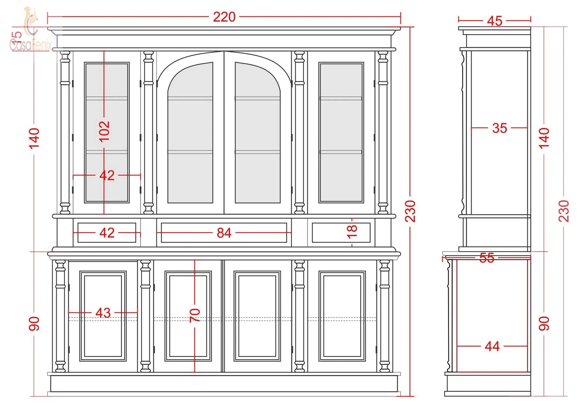 Glazed Solid Mahogany Display Cabinet 8 Door, Entertainment Wall Unit / Cupboard - CasaFenix