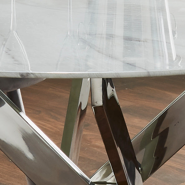 Silver Plated Metal, Marble Glass Round Dining Table 120cm Diameter Dining Table CasaFenix