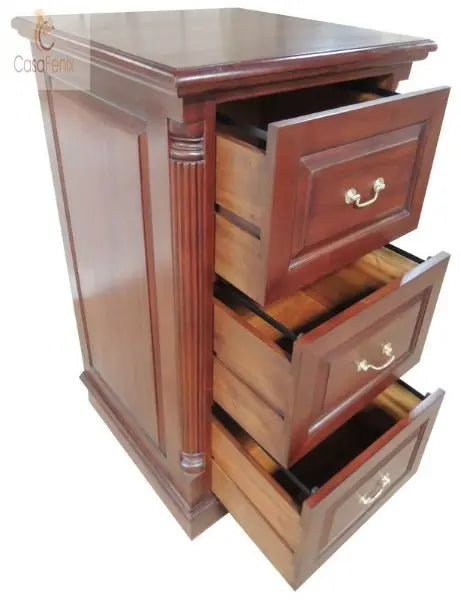 Deep 3 Drawer Solid Mahogany Filing Cabinet with Brass Handles Column Georgian Collection - CasaFenix