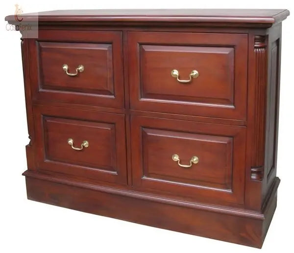 Deep 4 Drawer Solid Mahogany Filing Cabinet  solid Brass Swan Neck handles Column Georgian Collection - CasaFenix