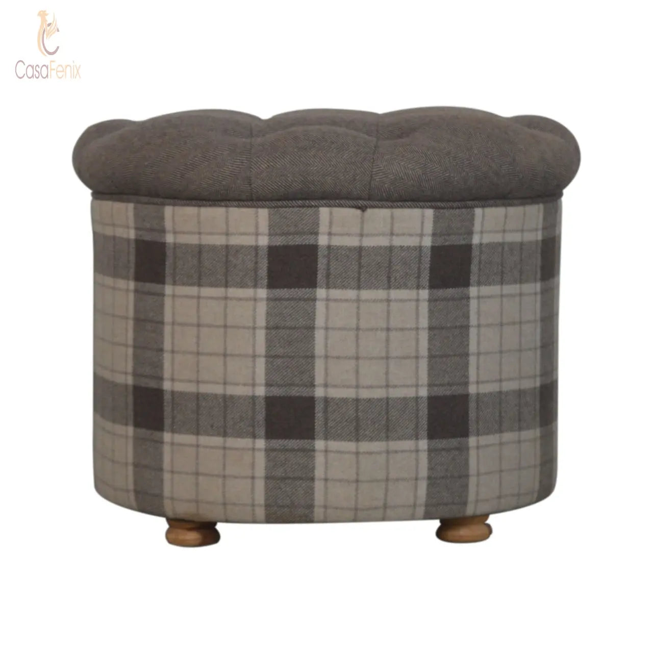 Deep Button Round Checked Footstool Solid Mango Wood Feet - CasaFenix