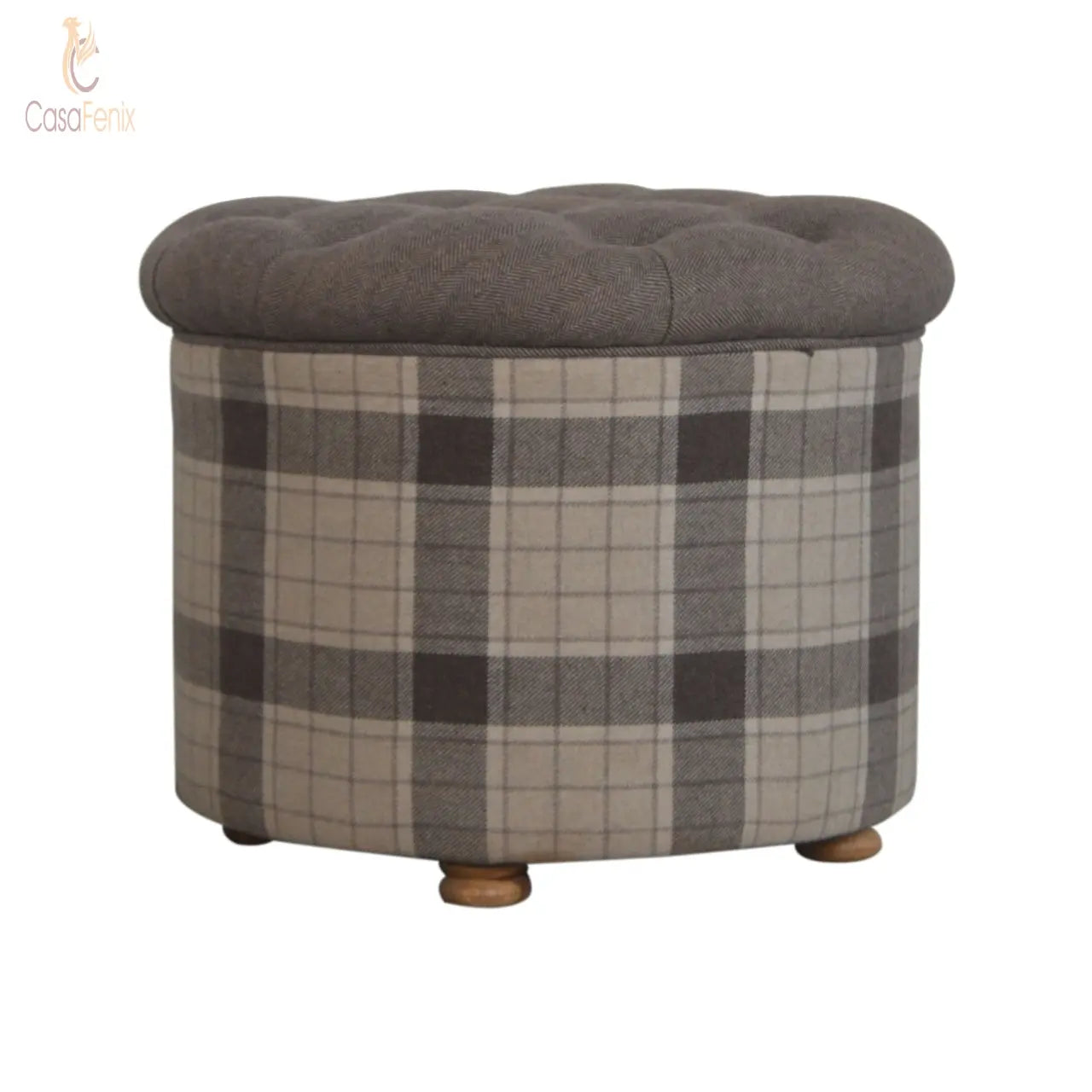 Deep Button Round Checked Footstool Solid Mango Wood Feet - CasaFenix