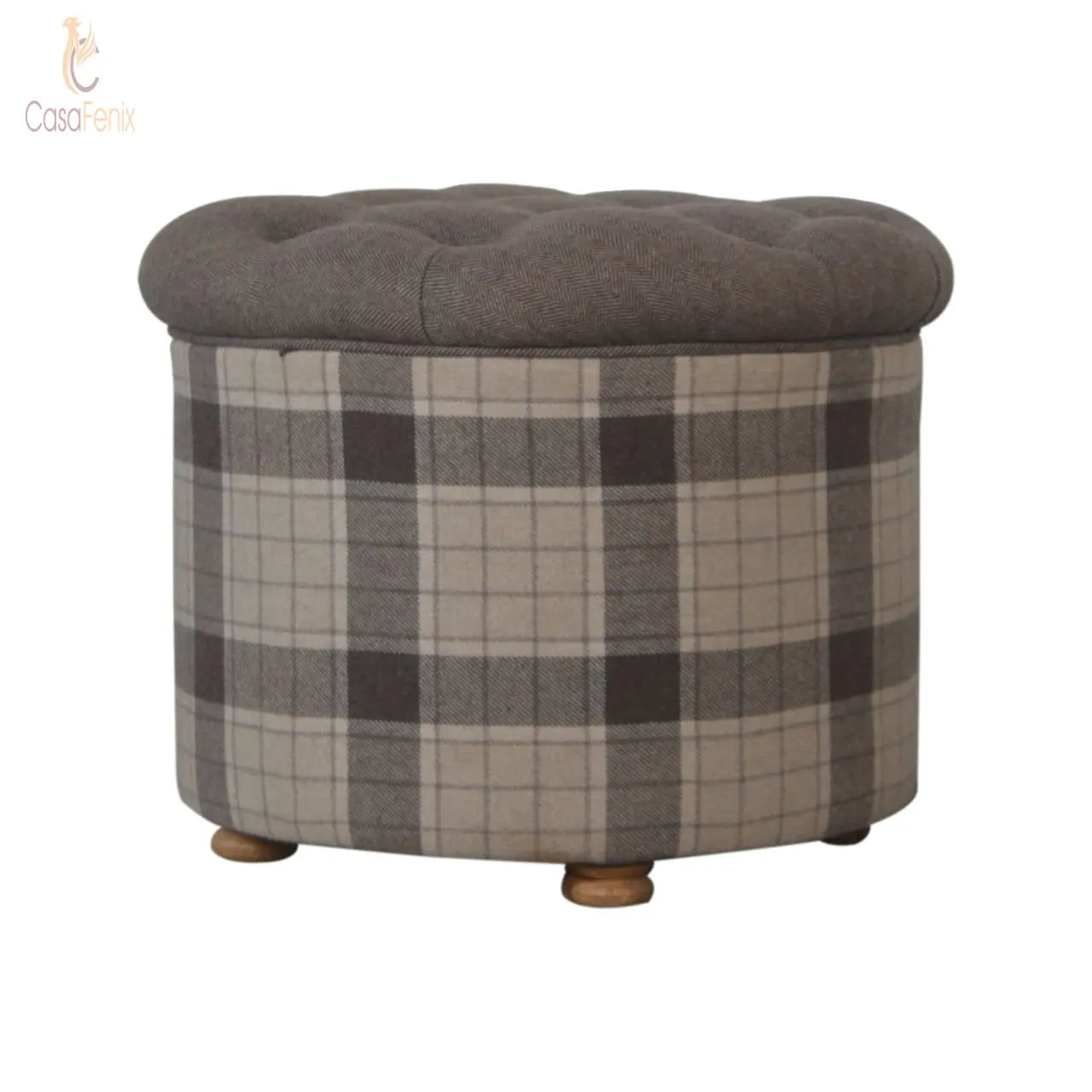 Deep Button Round Checked Footstool Solid Mango Wood Feet - CasaFenix