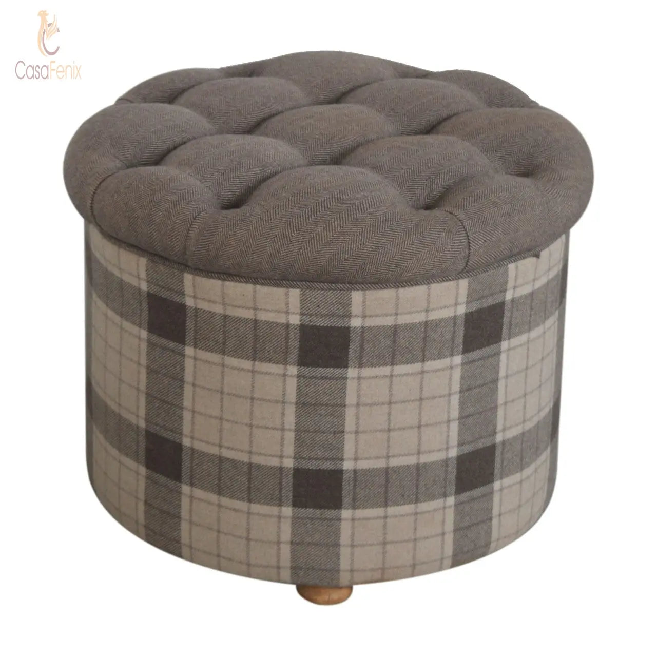 Deep Button Round Checked Footstool Solid Mango Wood Feet - CasaFenix